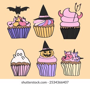 Halloween cupcakes with a ghost, witches hat, pumpkin and fingers.