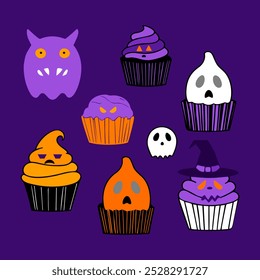 Halloween Cupcakes with Ghosts. Illustration of cupcakes with a ghost and monster theme