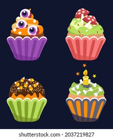 Halloween cupcakes. Happy scary candys. Vector illustration.