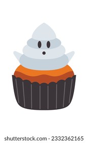 Ilustración de pastelitos de Halloween. Muffins adornados con fantasía, pastelitos temáticos para el 31 de octubre y postre temible caricatura de comida ilustración vectorial conjunto de biféretro de pastel de halloween espeluznante