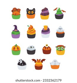 Ilustración de pastelitos de Halloween. Muffins adornados con fantasía, pastelitos temáticos para el 31 de octubre y postre temible caricatura de comida ilustración vectorial conjunto de biféretro de pastel de halloween espeluznante