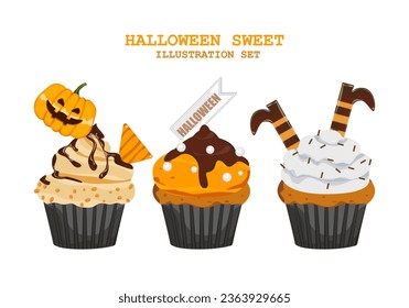 Pasteles de Halloween Muffins con una decoración temeraria, pastelitos para el 31 de octubre y una caricatura de postre aterradora aislada en un fondo blanco. Espacio editable. Para tarjetas de bricolaje. Ilustración vectorial.