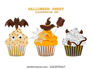 Pasteles de Halloween Muffins con una decoración temeraria, pastelitos para el 31 de octubre y una caricatura de postre aterradora aislada en un fondo blanco. Espacio editable. Para tarjetas de bricolaje. Ilustración vectorial.