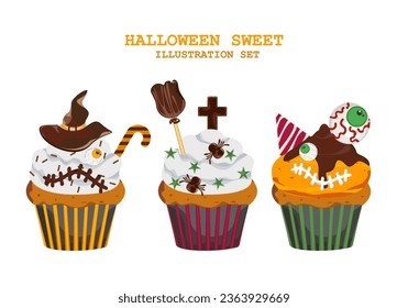 Pasteles de Halloween Muffins con una decoración temeraria, pastelitos para el 31 de octubre y una caricatura de postre aterradora aislada en un fondo blanco. Espacio editable. Para tarjetas de bricolaje. Ilustración vectorial.