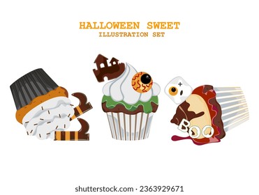 Pasteles de Halloween Muffins con una decoración temeraria, pastelitos para el 31 de octubre y una caricatura de postre aterradora aislada en un fondo blanco. Espacio editable. Para tarjetas de bricolaje. Ilustración vectorial.