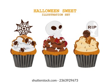 Pasteles de Halloween Muffins con una decoración temeraria, pastelitos para el 31 de octubre y una caricatura de postre aterradora aislada en un fondo blanco. Espacio editable. Para tarjetas de bricolaje. Ilustración vectorial.