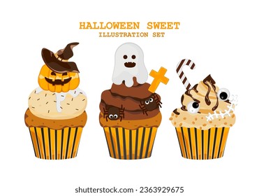 Pasteles de Halloween Muffins con una decoración temeraria, pastelitos para el 31 de octubre y una caricatura de postre aterradora aislada en un fondo blanco. Espacio editable. Para tarjetas de bricolaje. Ilustración vectorial.