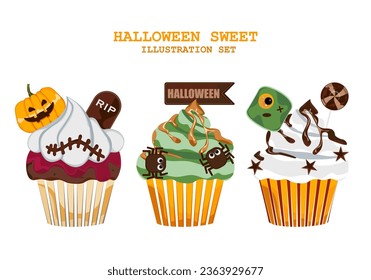 Pasteles de Halloween Muffins con una decoración temeraria, pastelitos para el 31 de octubre y una caricatura de postre aterradora aislada en un fondo blanco. Espacio editable. Para tarjetas de bricolaje. Ilustración vectorial.