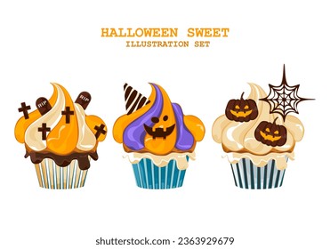 Pasteles de Halloween Muffins con una decoración temeraria, pastelitos para el 31 de octubre y una caricatura de postre aterradora aislada en un fondo blanco. Espacio editable. Para tarjetas de bricolaje. Ilustración vectorial.