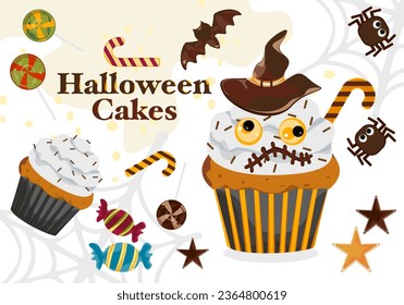 Pasteles de Halloween Muffins con una decoración temeraria, pastelitos para el 31 de octubre y una caricatura de postre aterradora aislada en un fondo blanco. Espacio editable. Para tarjetas de bricolaje. Ilustración vectorial.