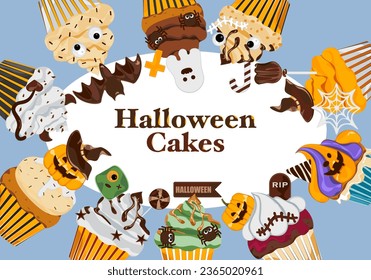 Pasteles de Halloween Muffins con una decoración temeraria, pastelitos para el 31 de octubre y una caricatura de postre aterradora aislada en un fondo blanco. Espacio editable. Para tarjetas de bricolaje. Ilustración vectorial.