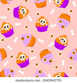 Dia das Bruxas cupcakes padrão sem costura. Vetor Halloween repetir impressão com bonito pequeno bolo, crânios, ossos e olhos zumbis no fundo rosa. Textura engraçada para tecido, decoração, envoltório, pano de fundo.