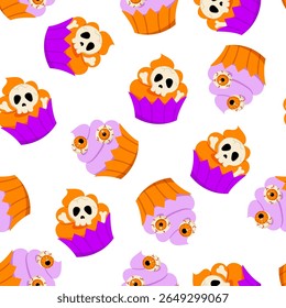Dia das Bruxas cupcakes padrão sem costura. Vetor Halloween repetir impressão com bonito pequeno bolo, decorado com crânios, ossos e olhos zumbis. Textura engraçada para tecido, decoração, envoltório, pano de fundo, fundo.