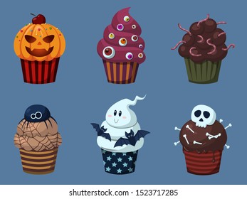 Halloween cupcakes set. Halloween cake pumpkin, eyes, worms, spider ghost and skull