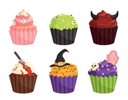 Halloween Cupcakes Set. Dessert And Delicacy, Flour Bakery Products. International Scary Holiday Or Festival. Culture And Traditions. Cartoon Flat Vector Collection Isolated On White Background