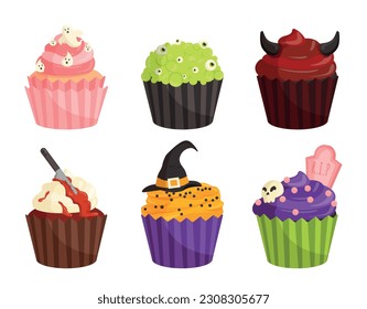 Halloween cupcakes set. Dessert and delicacy, flour bakery products. International scary holiday or festival. Culture and traditions. Cartoon flat vector collection isolated on white background