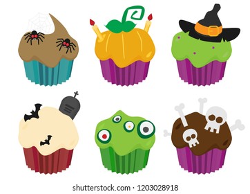 Halloween cupcakes set flat illustration