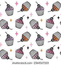 Halloween cupcakes with skull. Cute Halloween print. Vector.