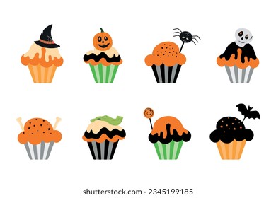 Halloween cupcakes. small cakes for 31 October and scary dessert food.vector illustration