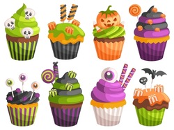 Halloween Cupcakes. Spooky Decorated Muffins, Themed Small Cakes For 31 October And Scary Dessert Food Cartoon Vector Illustration Set Of Halloween Cake Muffin Spooky