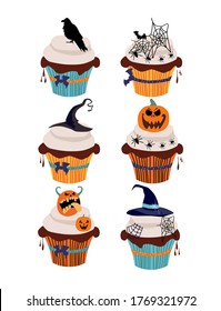 Halloween cupcakes with traditional symbols.Marzipan Jack-o'-lantern,chocolate raven,cobwebs and spiders,witch hat made of fudge,vanilla cream,chocolate icing.Halloween party invitation, greeting card