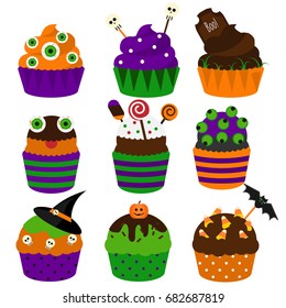 Halloween cupcakes. Vector flat icons. Halloween sweet bakery decorated with skull, candy and other. Yummy party food