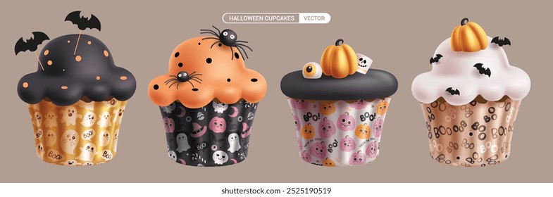 Halloween cupcakes vector set design. Cupcakes halloween 3d cute elements collection with bat, spider and pumpkins cake toppers decoration. Vector illustration party snack cupcake set. 
