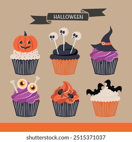 Vetor de cupcakes de Halloween definido. Bolos assustadores com abóbora, globo ocular, morcego, teia de aranha, crânio, desenhos de fantasmas.