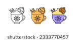 Halloween cups with hot chocolate, macchiato, mocha coffee, frappe or cocoa with whipped cream and cookies. Vector outline colorful icons of mug with straws for cafe, coffee house with holiday design