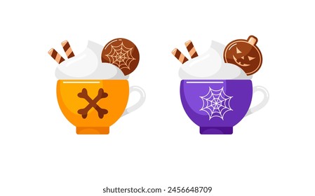 Halloween cups with hot chocolate, macchiato, mocha coffee, frappe or cocoa with whipped cream and cookies. Holiday desserts, vector flat cartoon illustrations isolated on white background