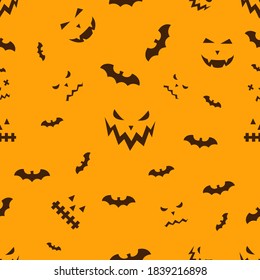 Halloween custom seamless pattern. Bats, Funny and spooky facial expressions. Vector