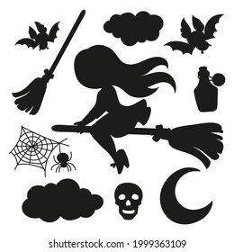 HALLOWEEN FOR CUT Collection Of Monochrome Contours Of Holiday Elements With Witch On Broomstick Bat Skull Poison And Spider Clipart Vector illustration Set