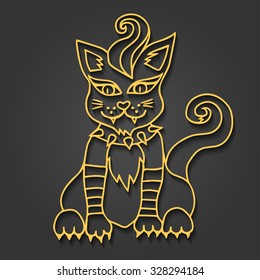 Halloween cut out decorations with cat. Vampire cat applique background. Doodle Vector illustration icon for your halloween party design isolated on dark background.