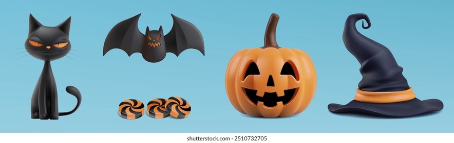 Halloween cute 3d character decor set. Smiling witch cat, flying black vampire bat wings, orange jack o lantern, carved smiling pumpkin, candy lollipop sweets and wizard hat. Scary spooky sticker set