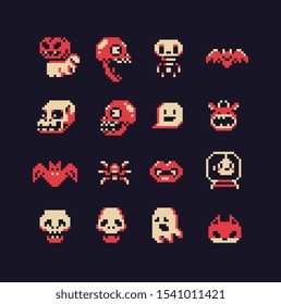 Halloween Cute Abstract Characters Set, Cast, Monster, Bat, Spider, Skull, Vampire, Pixel Art Style Icons, Element Design For Logo, App, Web, Sticker. Video Game Sprite. Isolated Vector Illustration. 