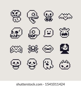 Halloween cute abstract characters set, cast, monster, bat, spider, skull, vampire, pixel art style icons, element design for logo, app, web, sticker. Video game sprite. Isolated vector illustration. 