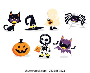 Elementos de Elementos lindos de Halloween Vector de coche presentado, araña, jack-o-lantern, sombrero de bruja y fantasma. aislado sobre fondo blanco.