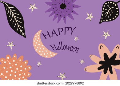  Halloween cute background with abstract boho plant, flowers, stars and crescent.  Childish hand drawn vector illustration for design card, print, party invitation, apparel etc