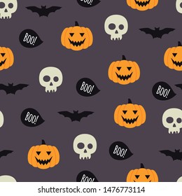 Halloween cute background. Halloween pumpkin, bat and skull seamless pattern. Vector