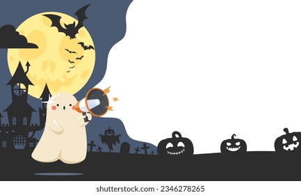 Halloween cute bald ghost holding a megaphone speaker for announce, advertising, promotion, and Grand sale. Vector illustration flat design for banner, poster, template, and background.