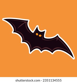 Halloween cute bat with eyes on orange background with white outline for sticker pack. Flat object vector illustration. Halloween party element, decoration. Cartoon clip art. Hand drawn style.