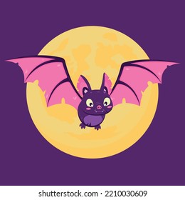 Halloween Cute bat on the background of the moon in colorful colors. Autumn vector illustration for Halloween. Bat flies on the background of the moon illustration for children. Illustration for cards
