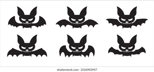 Conjunto lindo del murciélago de Halloween. Colección de diseño de personajes de murciélago. Silueta de murciélago aterradora, espeluznante y divertida. Plantilla de diseño de Ilustración vectorial para la plantilla, decoración de la pared, decoración de la puerta, etiqueta engomada.