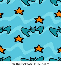 Halloween cute bat and star unique seamless pattern. vector illustration for fashion textile print and wrapping with festive design.