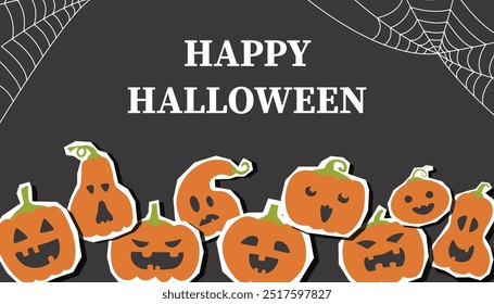 Halloween cute black banner with Halloween pumpkins stickers. Halloween background. Halloween concept.