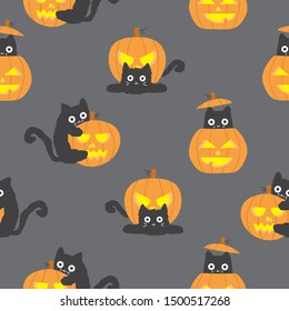 Halloween cute black cat with pumpkin seamless pattern