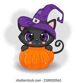 Halloween cute black cat with a pumpkin, vector illustration print