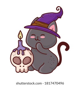 halloween, cute black cat using hat witch and skull with candle vector illustration design