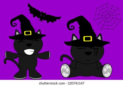 halloween cute black cat witch cartoon set in vector format very easy to edit