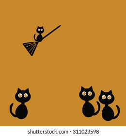 Halloween cute black cats with broomstick, orange background